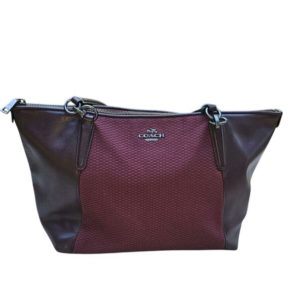 Coach Wine Burgandy Colored Satchel Tote Bag Leather and Cloth Medium Size - Picture 1 of 16